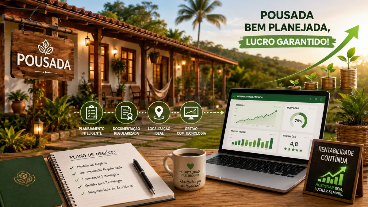 Infográfico explicativo sobre como abrir uma pousada de pequeno porte, mostrando um plano de negócio em um caderno, um notebook com indicadores de desempenho e a fachada de uma pousada acolhedora ao fundo.
