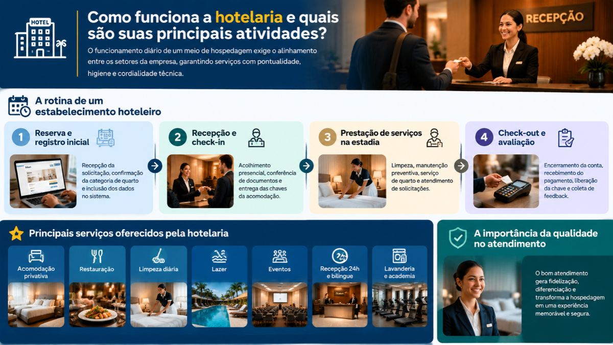 Infográfico detalhando como funciona a hotelaria, a rotina de um estabelecimento hoteleiro em quatro etapas, os principais serviços oferecidos e a importância da qualidade no atendimento.