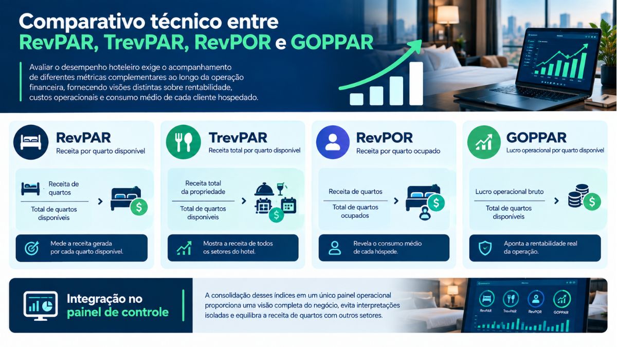Infográfico com comparativo técnico entre os indicadores hoteleiros RevPAR, TrevPAR, RevPOR e GOPPAR, detalhando fórmulas, conceitos de receita de quartos, consumo por hóspede e lucro operacional.