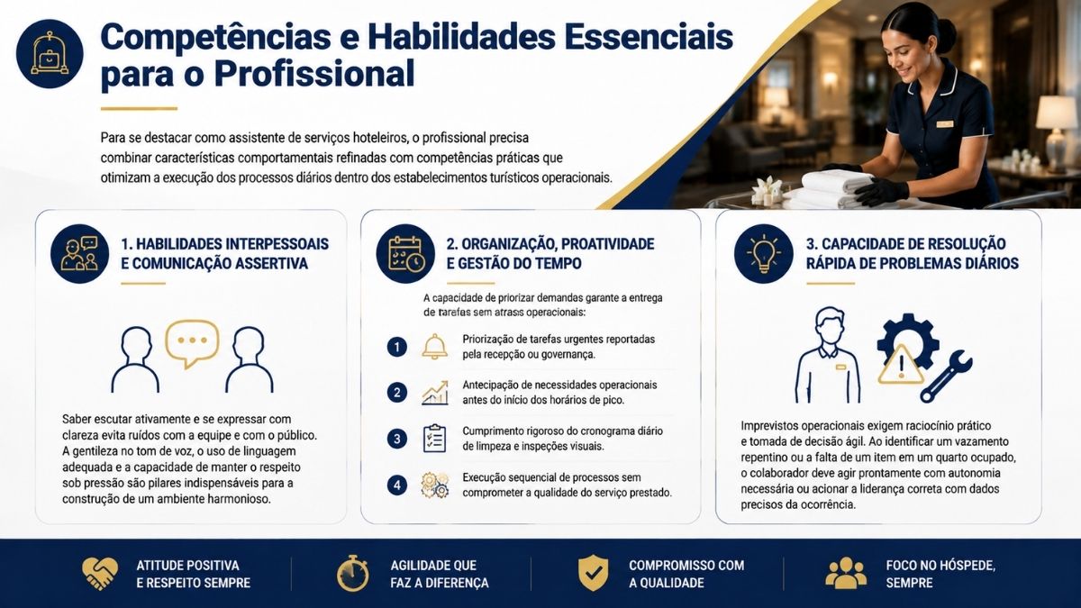 Infográfico apresentando competências e habilidades essenciais do auxiliar de hotelaria, como comunicação assertiva, proatividade, gestão do tempo e resolução rápida de problemas.