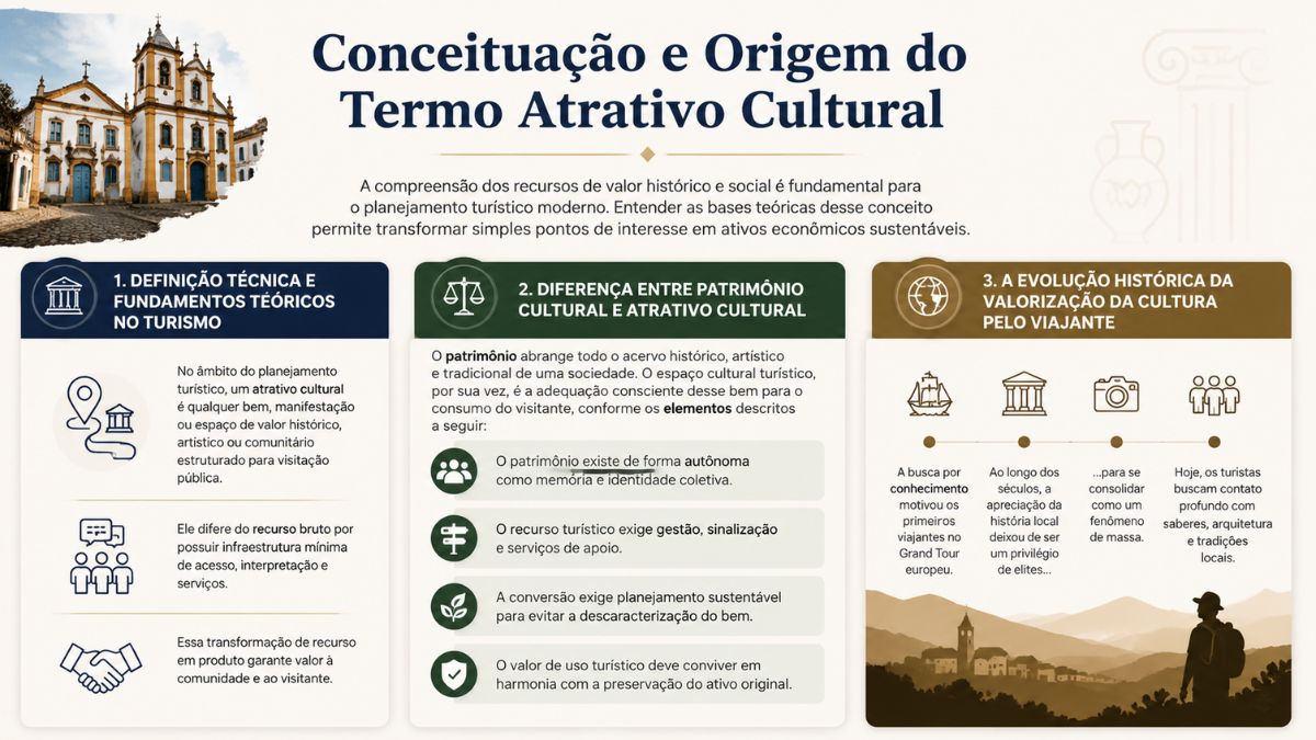 Infográfico explicativo sobre a conceituação e origem do termo atrativo cultural. No topo, no lado esquerdo, há uma foto de uma igreja barroca histórica em uma rua de paralelepípedos. Ao lado, o título principal em azul e um parágrafo introduzindo a importância dos recursos de valor histórico para o planejamento turístico sustentável. O corpo da imagem é dividido em três colunas numeradas. A primeira coluna aborda a definição técnica e fundamentos teóricos, acompanhada de ícones de localização, pessoas e aperto de mãos. A segunda coluna explica a diferença entre patrimônio cultural e atrativo cultural, destacando pontos sobre autonomia do patrimônio, necessidade de gestão, planejamento sustentável e preservação do ativo original. A terceira coluna detalha a evolução histórica da valorização da cultura pelo viajante através de uma linha do tempo ilustrada com um navio, museu, câmera e pessoas, finalizando com a silhueta de um mochileiro observando uma vila histórica ao por do sol.