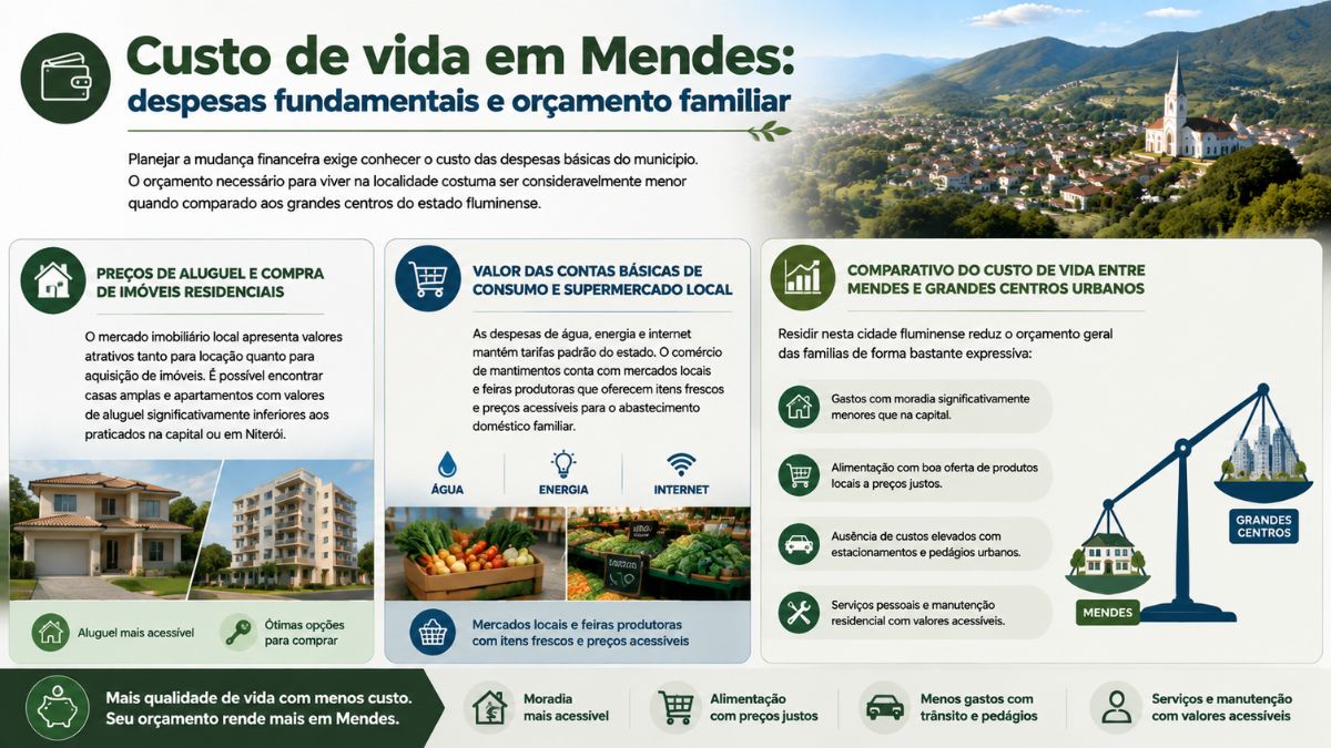 Infográfico sobre custo de vida em Mendes RJ comparando preços de aluguel, contas básicas de consumo, feiras locais e o orçamento familiar em relação às metrópoles.