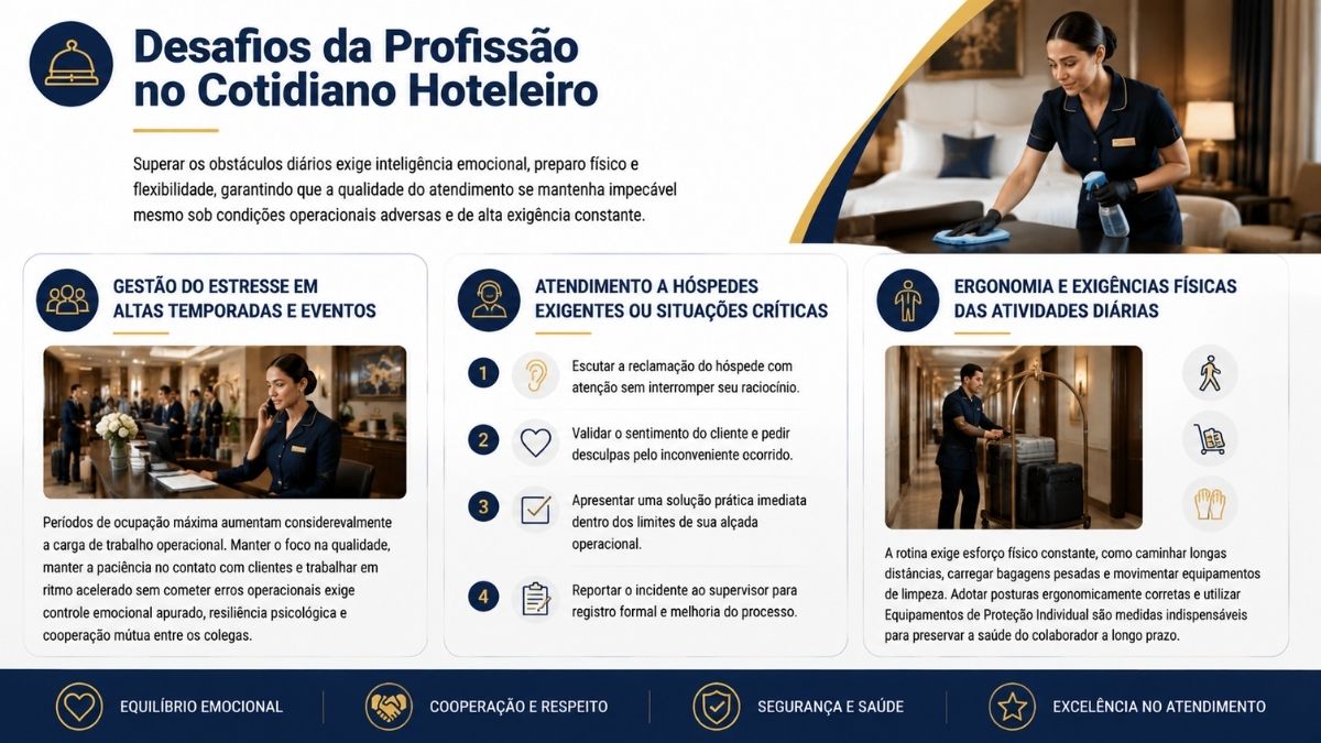 Infográfico detalhando os desafios da profissão hoteleira, incluindo gestão do estresse em altas temporadas, atendimento a hóspedes exigentes, ergonomia e exigências físicas diárias.