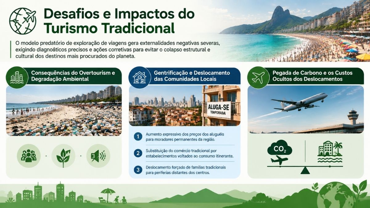 Infográfico explicativo sobre os desafios do turismo tradicional, detalhando os impactos do overtourism na degradação ambiental com praias lotadas de lixo, os efeitos da gentrificação e a pegada de carbono gerada pelos deslocamentos aéreos.