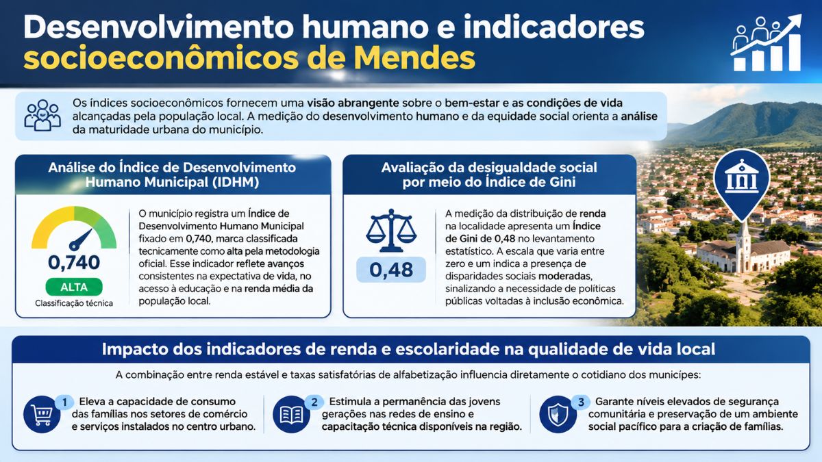 Infográfico sobre o desenvolvimento humano em Mendes, RJ, apresentando IDHM de 0,740 classificado como alto, Índice de Gini de 0,48 e os impactos da renda e escolaridade na qualidade de vida.