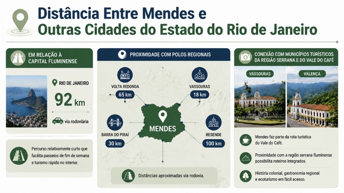 Infográfico detalhando as distâncias rodoviárias em quilômetros entre a cidade de Mendes e municípios como Rio de Janeiro, Volta Redonda e Vassouras.