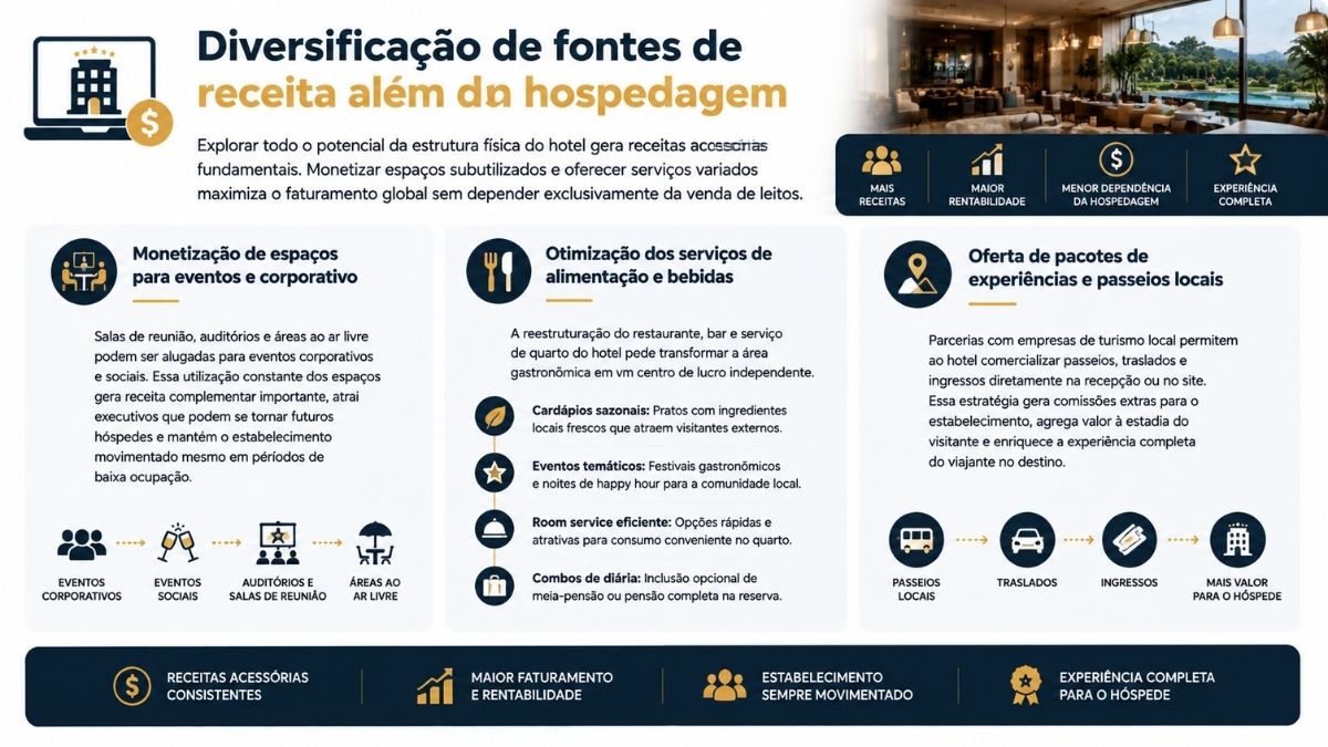 Infográfico explicativo sobre diversificação de receitas hoteleiras com monetização de eventos, otimização de alimentos e bebidas e venda de pacotes de experiências locais.