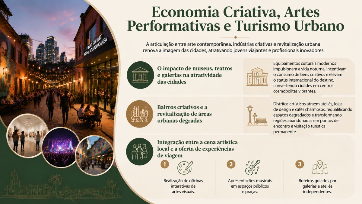 Infográfico sobre economia criativa e turismo urbano, exibindo bulevar iluminado à noite, galeria de arte e shows ao ar livre.