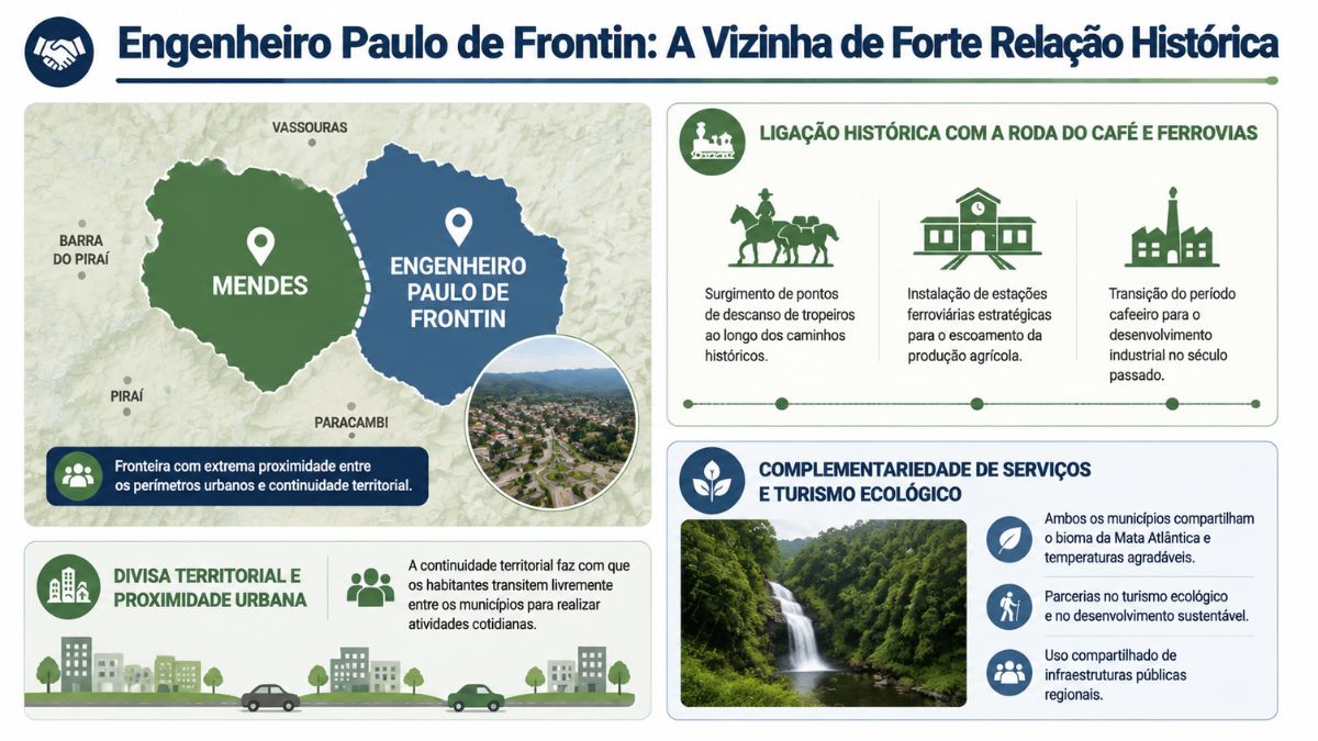 Infográfico detalhando a divisa territorial, a história do café, as ferrovias e o turismo ecológico na cidade vizinha de Engenheiro Paulo de Frontin em relação a Mendes.