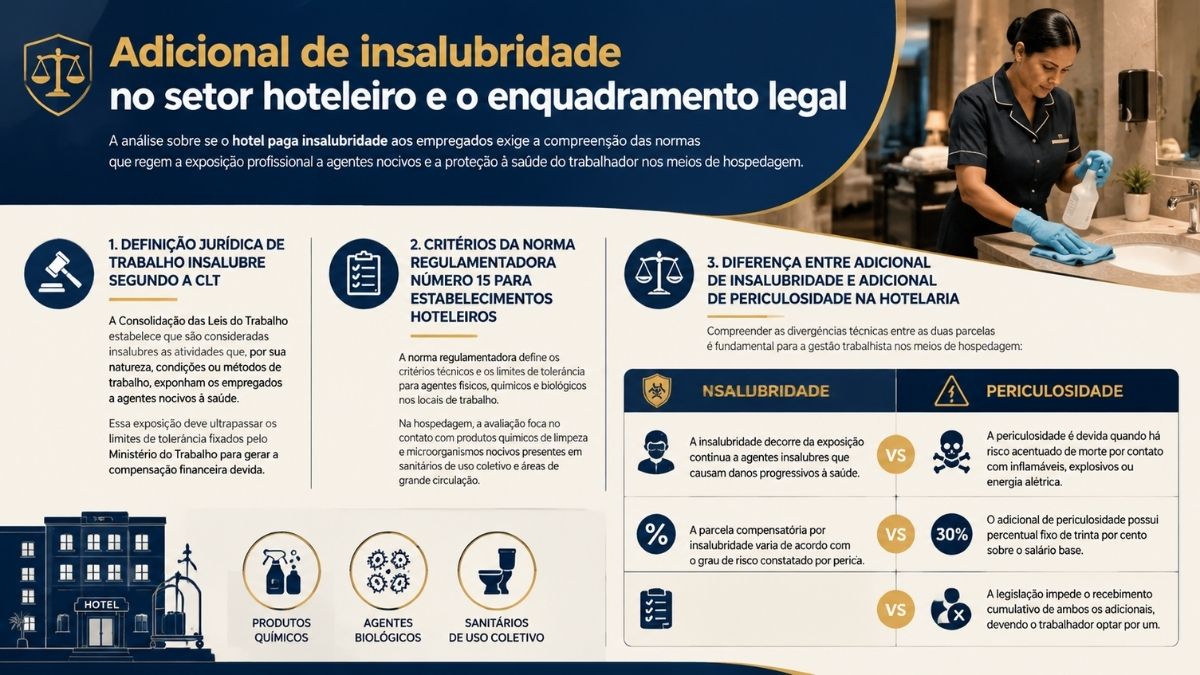 Infográfico explicativo sobre o enquadramento legal do adicional de insalubridade no setor hoteleiro, detalhando os critérios da CLT e da Norma Regulamentadora 15, acompanhado de uma foto de camareira higienizando pia de banheiro.