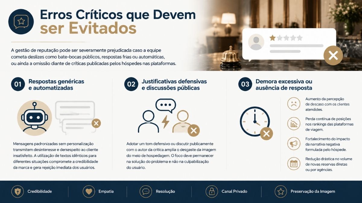 Infográfico sobre erros críticos ao responder avaliações negativas de hotéis, como respostas genéricas automatizadas, tom defensivo e demora no atendimento.