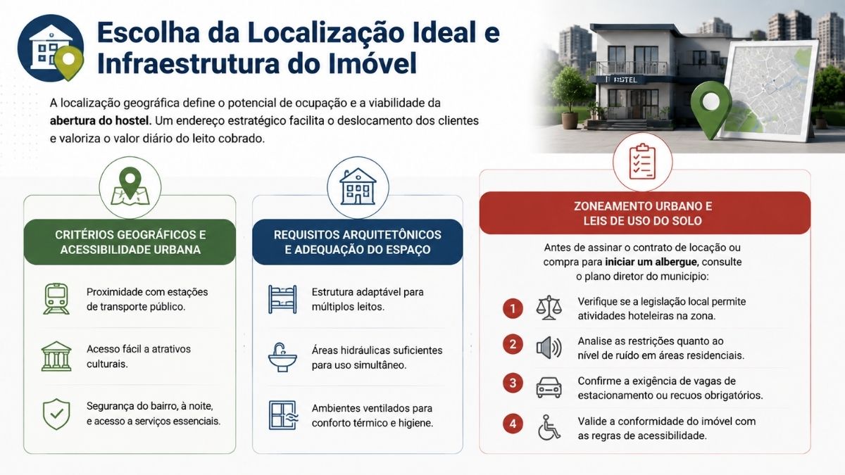 Infográfico informativo sobre escolha da localização ideal e infraestrutura de imóvel para albergue, abordando acessibilidade urbana, arquitetura e zoneamento.
