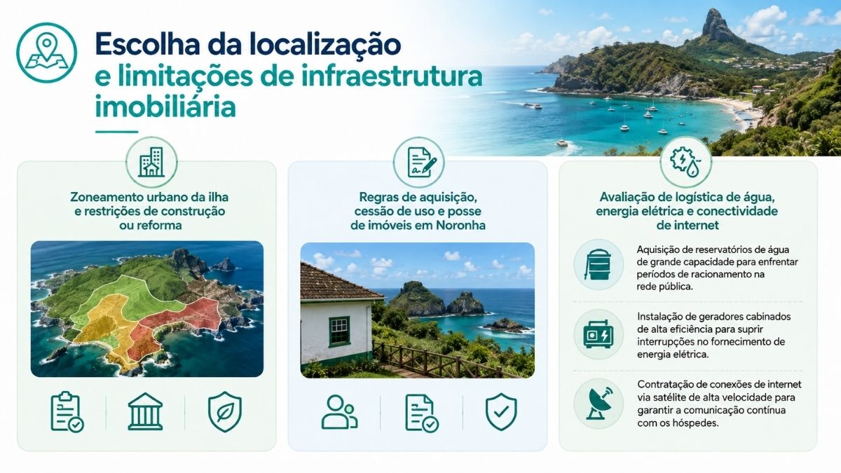 Infográfico sobre escolha de localização e infraestrutura imobiliária em Fernando de Noronha abordando zoneamento urbano regras de cessão de uso e logística de água e energia.
