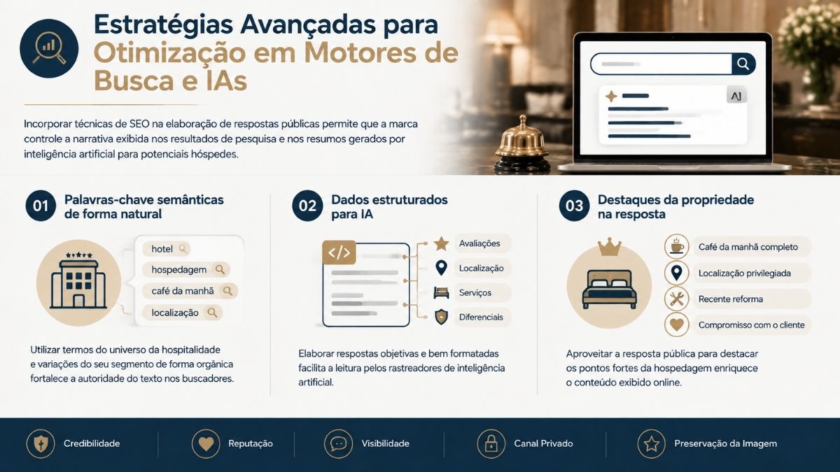 Infográfico sobre estratégias avançadas de otimização em motores de busca e inteligência artificial para respostas a avaliações de hotéis.