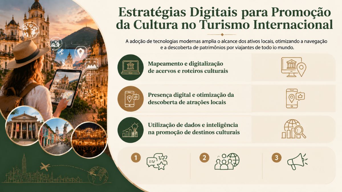 Infográfico sobre estratégias digitais na promoção da cultura para o turismo internacional, mostrando uma turista utilizando tablet para navegação em destino histórico.