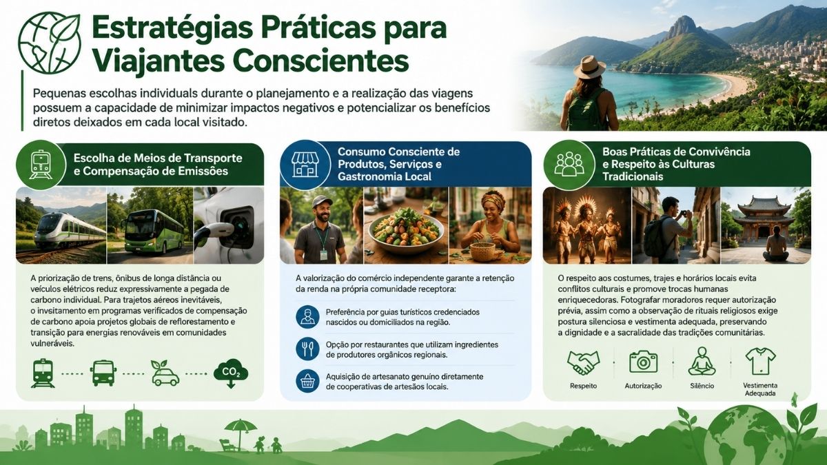 Infográfico detalhado com estratégias práticas para viajantes conscientes, apresentando a escolha de meios de transporte limpos, consumo consciente de produtos locais e boas práticas de convivência com respeito às culturas tradicionais.