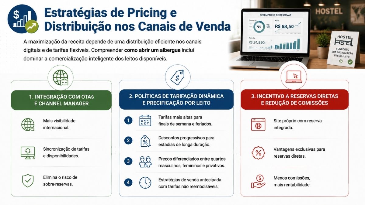 Infográfico explicativo sobre estratégias de pricing e distribuição nos canais de venda para albergues, destacando integração com OTAs, tarifação dinâmica e reservas diretas.