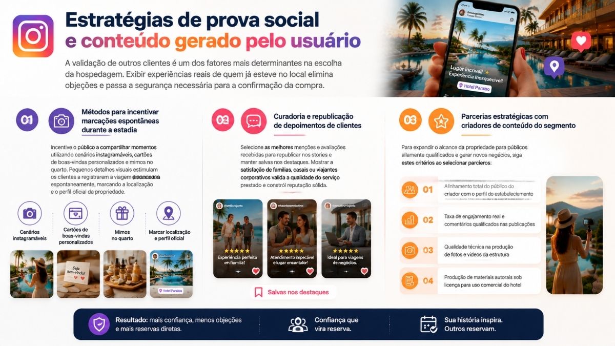 Infográfico sobre estratégias de prova social e conteúdo gerado pelo usuário no Instagram, destacando métodos de incentivo a marcações, depoimentos de clientes e parcerias com influenciadores para hotéis.