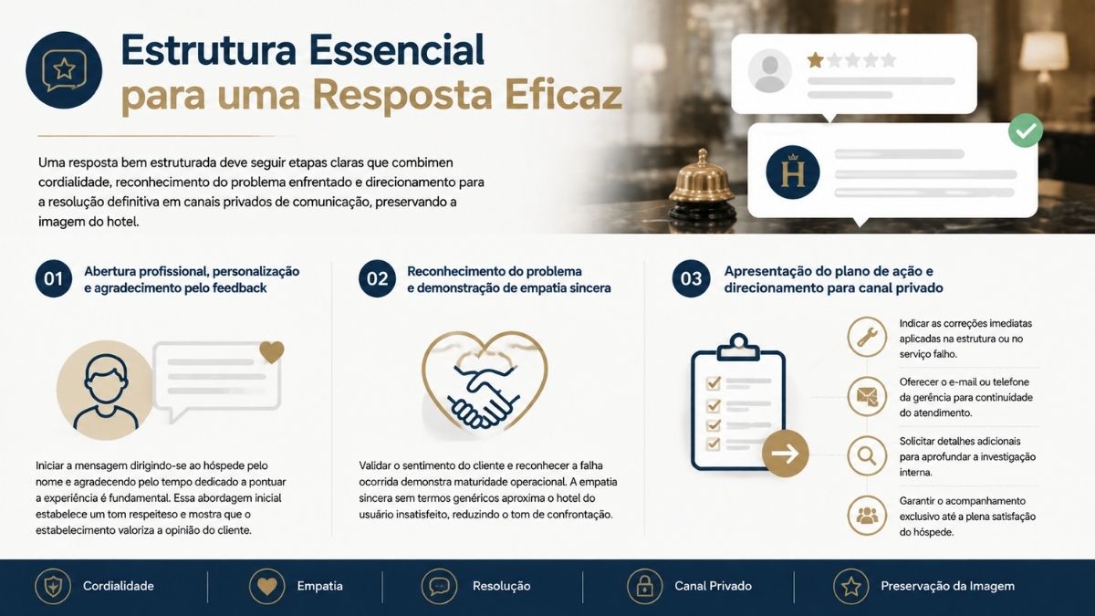 Infográfico sobre a estrutura essencial de resposta a avaliações negativas de hotéis com foco em abertura profissional, empatia e canal privado.