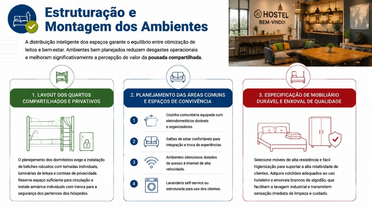 Infográfico explicativo sobre a estruturação de ambientes em albergues turísticos com foco no layout de dormitórios, espaços de convivência e enxoval.