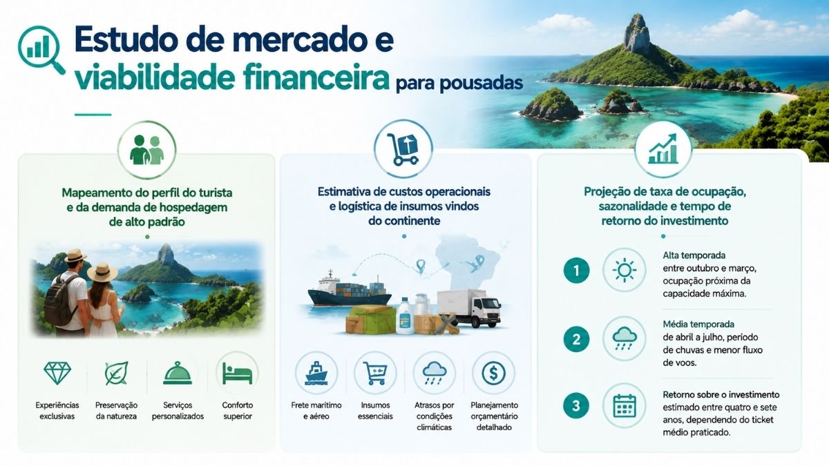 Infográfico sobre estudo de mercado e viabilidade financeira para pousadas em Fernando de Noronha abordando perfil do turista custos operacionais e taxa de ocupação.