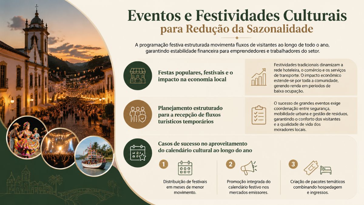 Infográfico explicativo sobre eventos e festividades culturais como estratégia para reduzir a sazonalidade, mostrando vila histórica iluminada e festas populares.