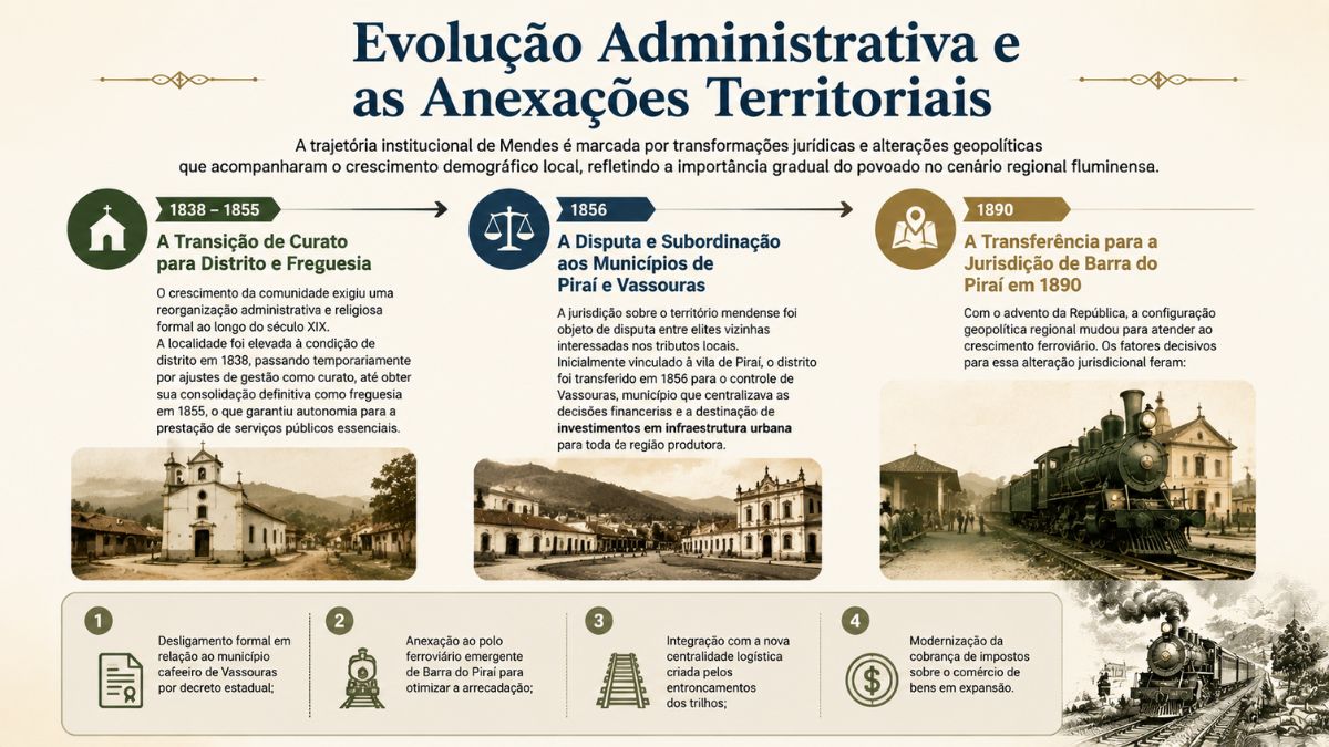 Infográfico sobre a evolução administrativa de Mendes destacando as fases de dezoito e trinta e oito a dezoito e cinquenta e cinco, a subordinação a Piraí e Vassouras em dezoito e cinquenta e seis, e a transferência para Barra do Piraí em dezoito e noventa com fotos históricas e locomotiva.
