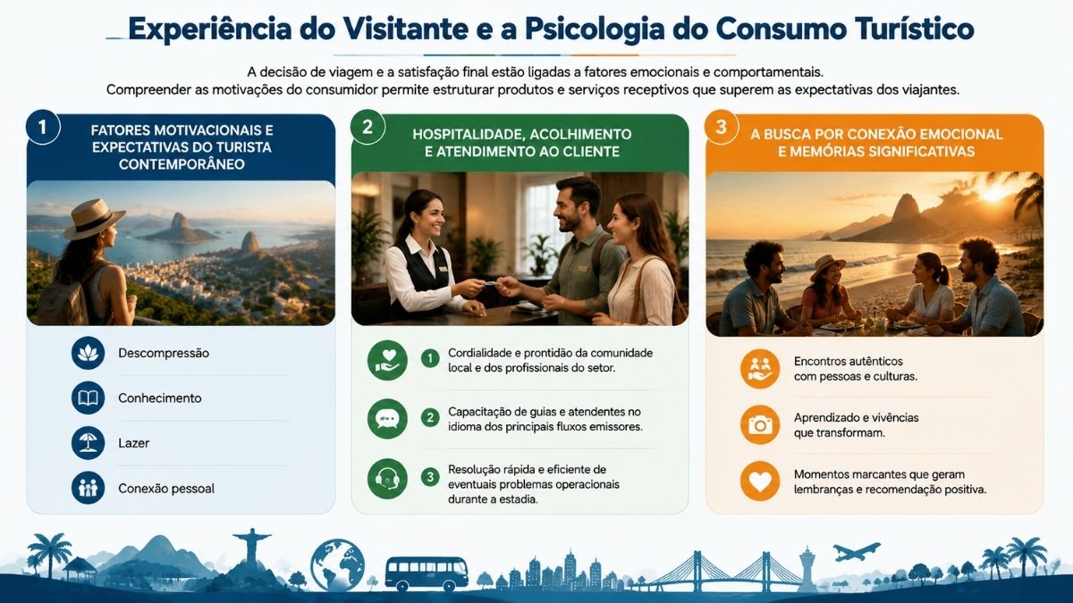 Infográfico explicativo sobre a experiência do visitante e a psicologia do consumo turístico com o título Experiência do Visitante e a Psicologia do Consumo Turístico. A imagem é dividida em três colunas numeradas. A primeira coluna foca em fatores motivacionais e expectativas do turista contemporâneo, mostrando uma mulher observando a paisagem do Rio de Janeiro e ícones para descompressão, conhecimento, lazer e conexão pessoal. A segunda coluna detalha a hospitalidade, acolhimento e atendimento ao cliente, com a foto de uma recepcionista atendendo um casal em um hotel e três tópicos numerados sobre cordialidade, capacitação de guias e resolução de problemas. A terceira coluna aborda a busca por conexão emocional e memórias significativas, com a foto de amigos reunidos na praia ao pôr do sol e ícones sobre encontros autênticos, aprendizado e momentos marcantes. No rodapé há uma ilustração de horizonte urbano com meios de transporte.