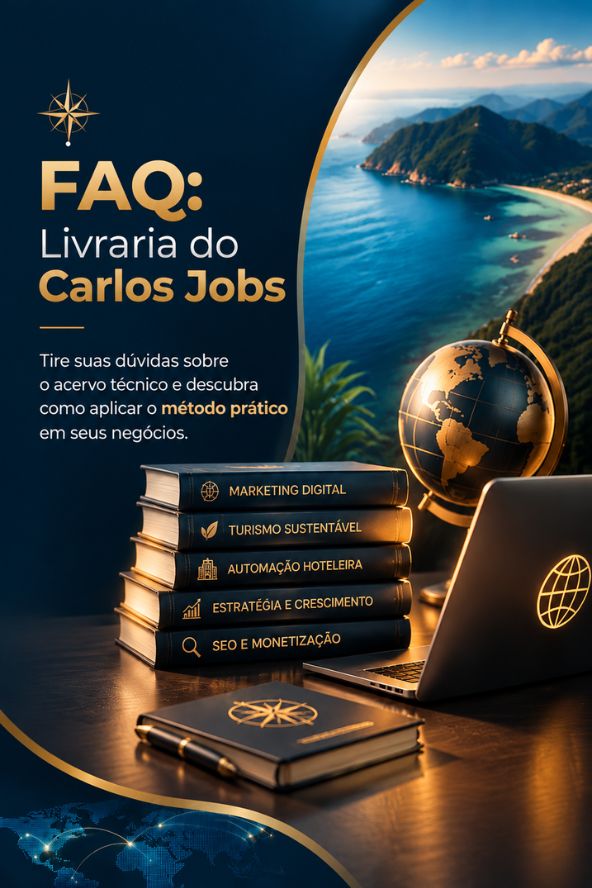 Banner de perguntas frequentes do FAQ da Livraria do Carlos Jobs com livros sobre marketing digital, notebook e paisagem natural.
