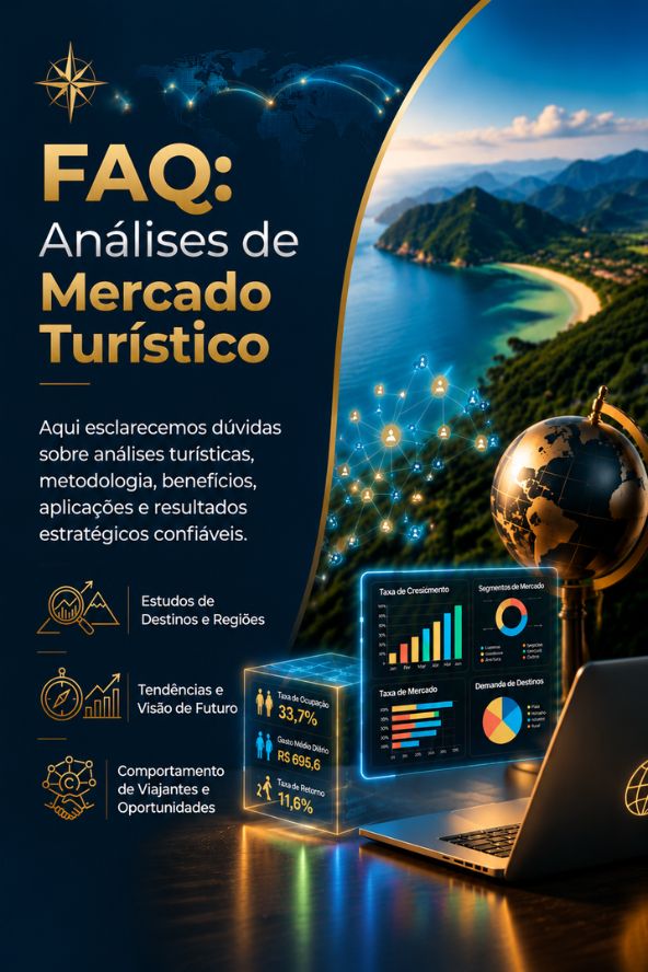 Infográfico vertical de perguntas frequentes sobre análises de mercado turístico com dados de ocupação, comportamento de viajantes, gráficos holográficos, notebook e globo terrestre.