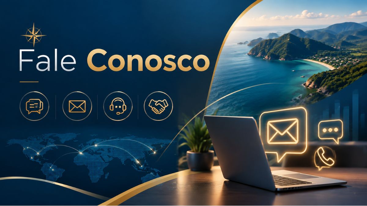Banner da página Fale Conosco com notebook, ícones digitais de atendimento e paisagem de turismo sustentável.