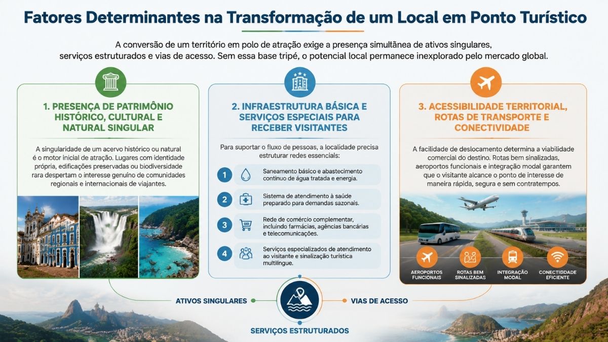 Infográfico explicativo sobre a conversão de um território em polo de atração turística. A imagem apresenta três blocos verticais com ícones e fotografias. O primeiro bloco destaca a presença de patrimônio histórico, cultural e natural singular, com imagens de centro histórico, cachoeira e costa litorânea. O segundo bloco lista a infraestrutura básica e serviços para visitantes, abordando saneamento, atendimento à saúde, rede de comércio e sinalização turística. O terceiro bloco trata da acessibilidade territorial, rotas de transporte e conectividade, exibindo fotos de avião, ônibus e trem. Na parte inferior, um esquema gráfico conecta os eixos de ativos singulares, serviços estruturados e vias de acesso sobre uma imagem panorâmica do Rio de Janeiro.