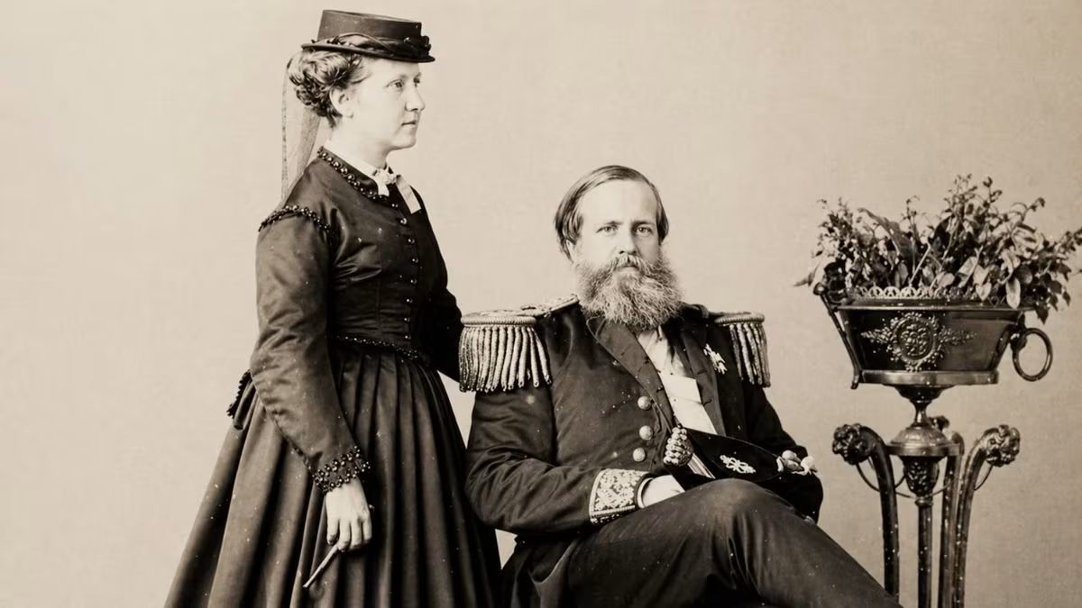 Retrato histórico em tom sépia mostrando a Princesa Isabel em pé usando vestido escuro ao lado de Gastão de Orléans Conde d'Eu sentado em uniforme militar imperial.