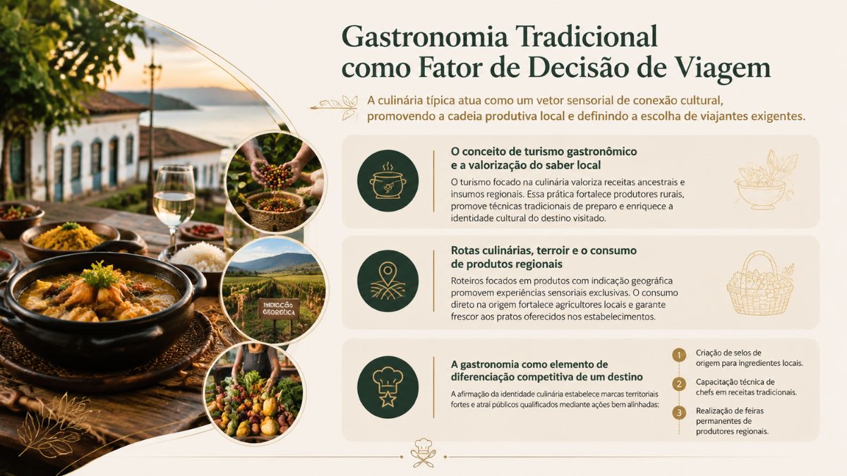 Infográfico sobre gastronomia tradicional como fator de decisão de viagem, com pratos típicos regionais, colheita de grãos e vinhedos com indicação geográfica.