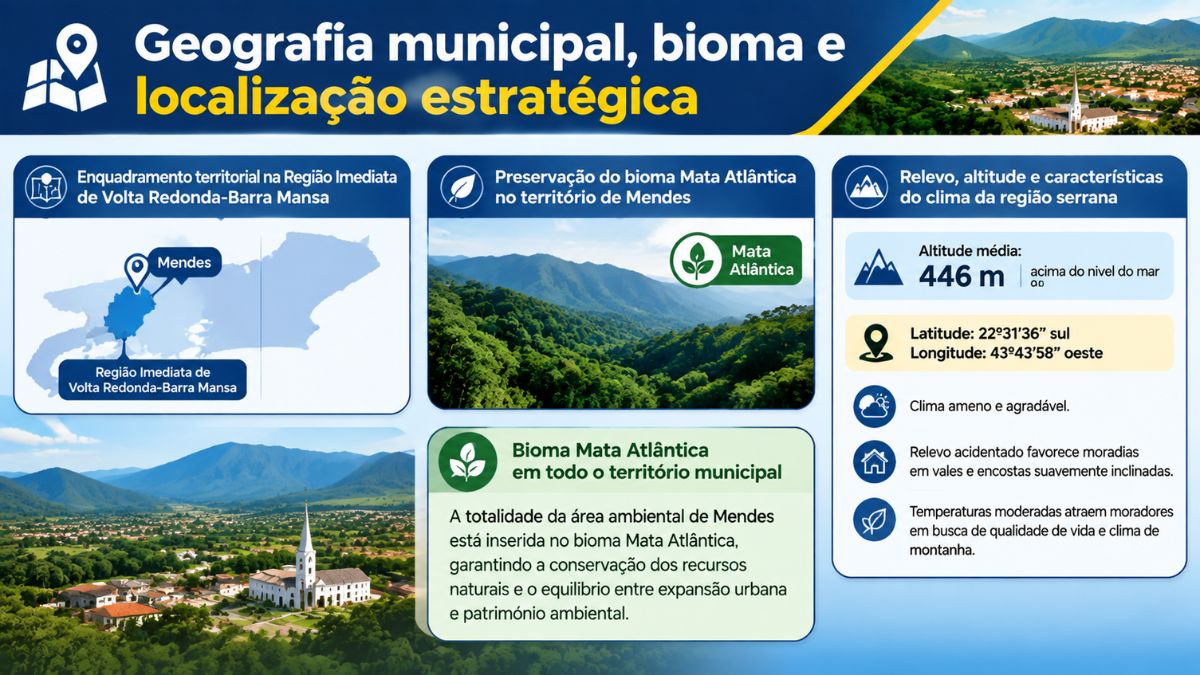 Infográfico sobre a geografia de Mendes no Rio de Janeiro, exibindo localização na Região Imediata de Volta Redonda-Barra Mansa, bioma Mata Atlântica e altitude de 446 metros.