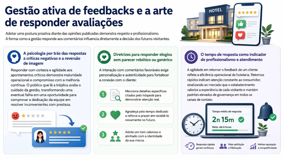 Infográfico explicativo sobre gestão ativa de feedbacks na hotelaria, abordando reversão de críticas negativas, diretrizes para responder elogios e a importância do tempo de resposta.
