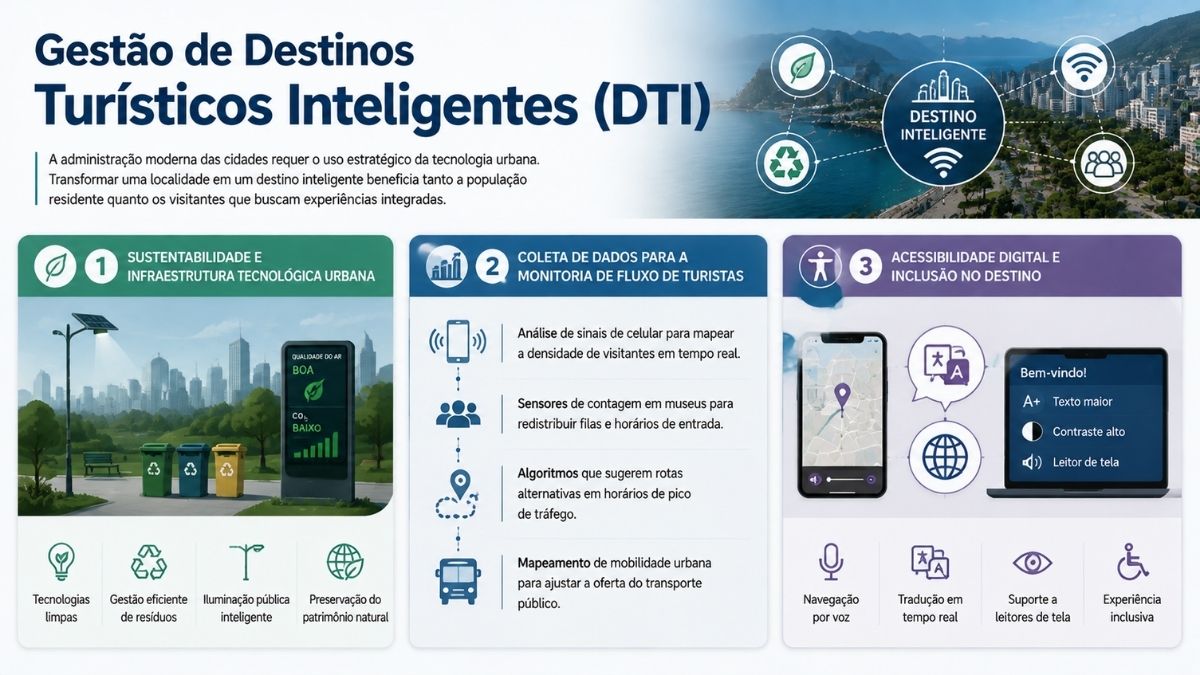 Infográfico explicativo sobre a Gestão de Destinos Turísticos Inteligentes (DTI), detalhando sustentabilidade urbana, coleta de dados para monitoria do fluxo de turistas e acessibilidade digital para inclusão nos destinos.