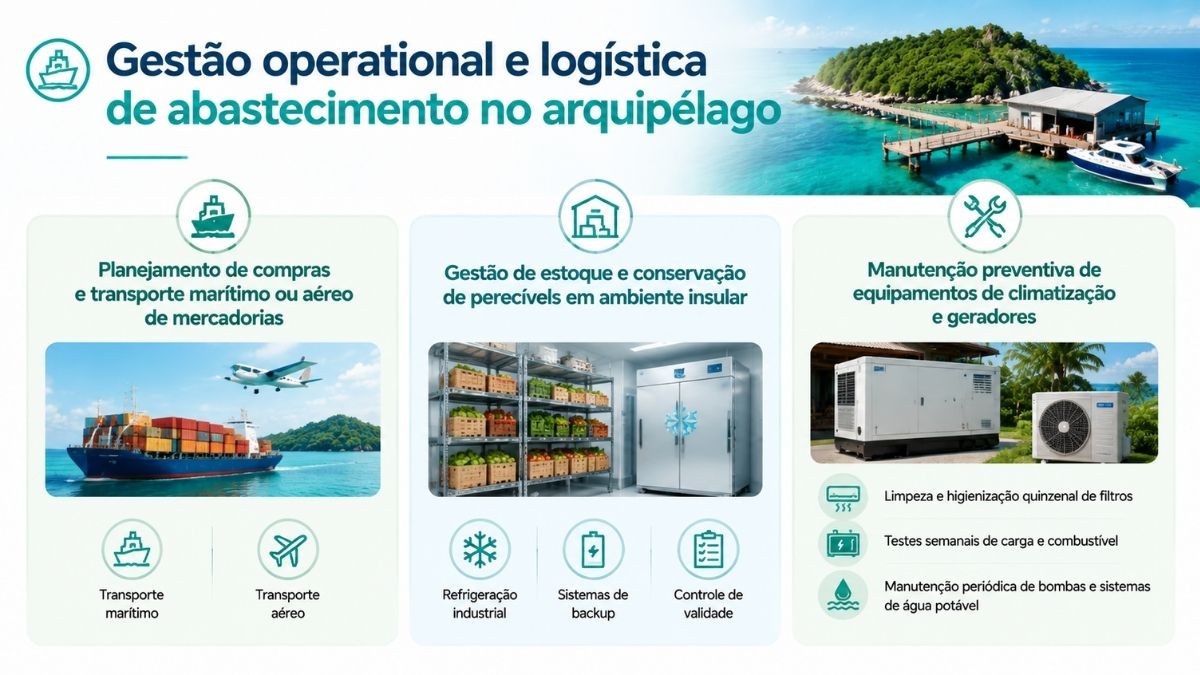 Infográfico sobre gestão operacional e logística de abastecimento em Fernando de Noronha com foco em transporte de mercadorias conservação de perecíveis e manutenção de geradores.