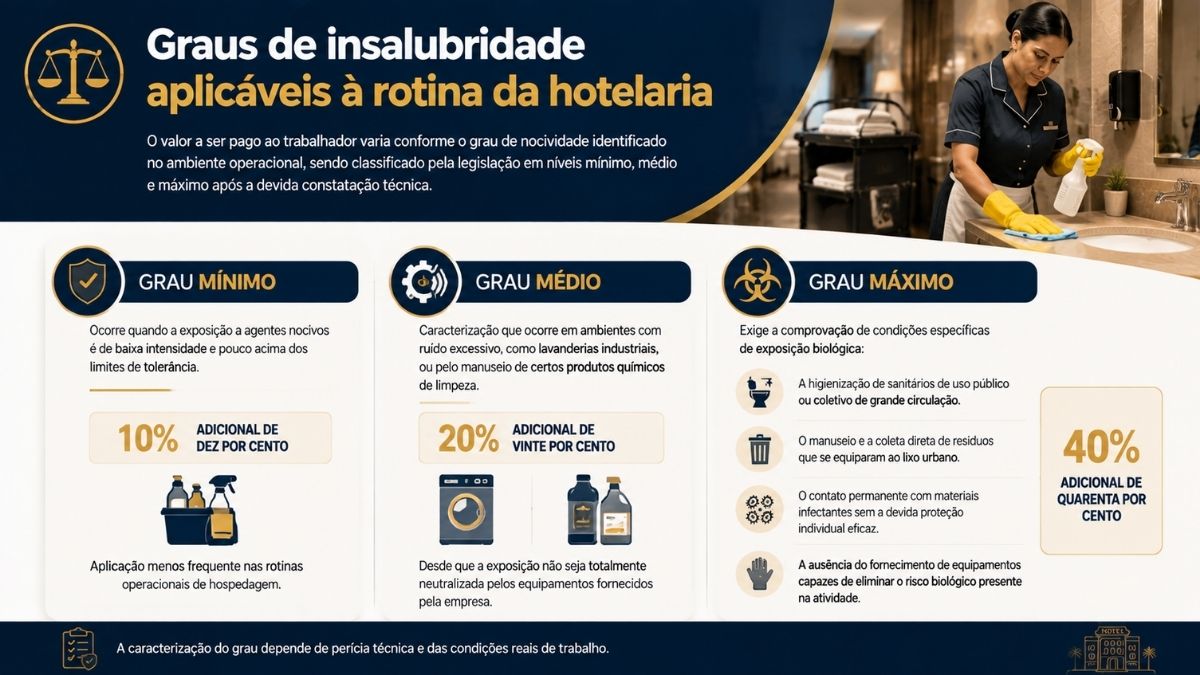 Infográfico explicativo sobre os graus de insalubridade no setor hoteleiro, detalhando as porcentagens de dez por cento para grau mínimo, vinte por cento para grau médio e quarenta por cento para grau máximo.