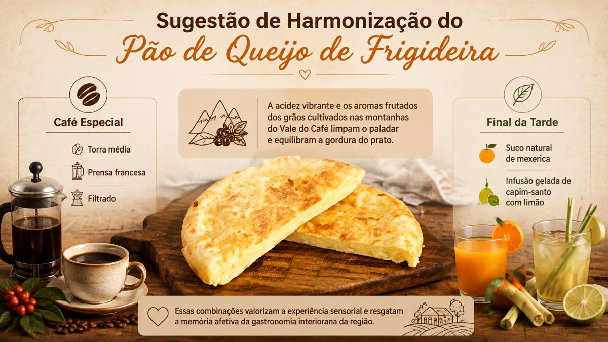 Um infográfico culinário ilustrado com a sugestão de harmonização para o pão de queijo de frigideira, apresentando opções de café especial com prensa francesa e bebidas refrescantes para o final da tarde como suco de mexerica e infusão gelada.