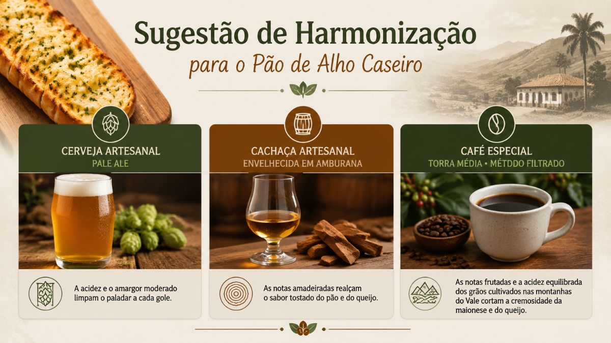 Infográfico ilustrado mostrando sugestões de harmonização de bebidas para pão de alho caseiro, com fotos de cerveja Pale Ale, cachaça de amburana e café especial ao lado de uma tábua com fatias de pão de alho.