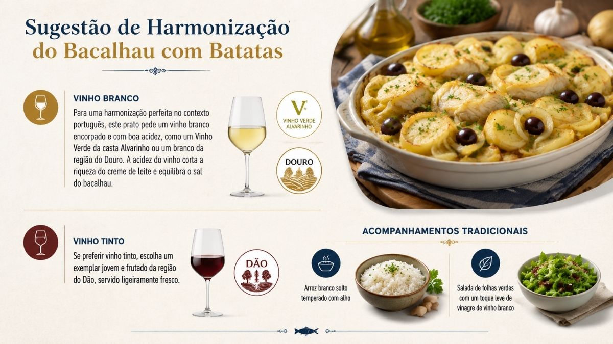Infográfico com sugestões de harmonização de vinhos e acompanhamentos tradicionais para servir com bacalhau com batatas.