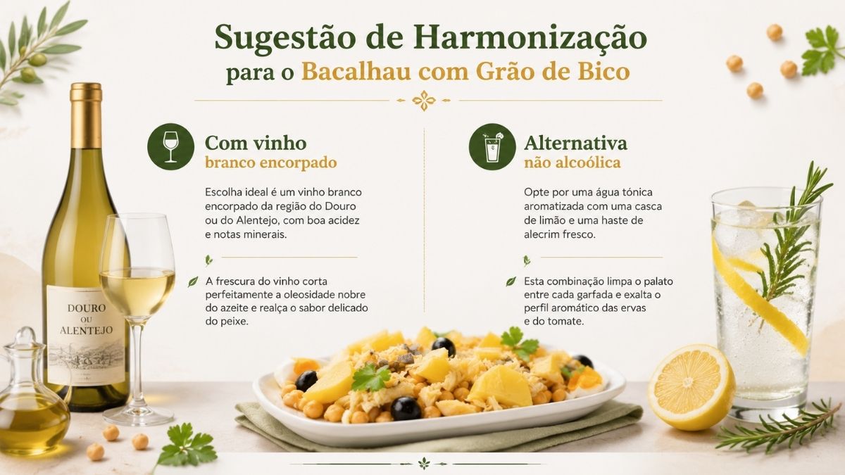 Infográfico com sugestão de harmonização para bacalhau com grão de bico, incluindo vinho branco encorpado e água tónica aromatizada.