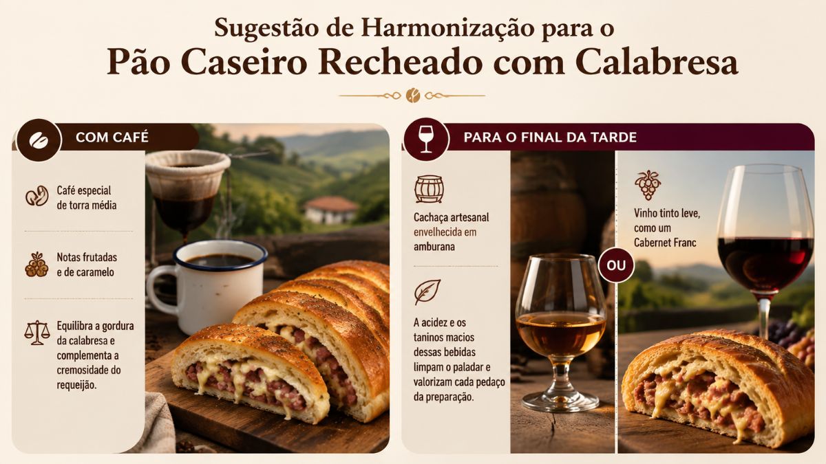 Infográfico ilustrado mostrando sugestões de harmonização de bebidas com pão caseiro recheado com calabresa. No lado esquerdo, sugere café especial de torra média com notas frutadas e de caramelo para equilibrar a gordura e a cremosidade. No lado direito, para o final da tarde, sugere cachaça artesanal envelhecida em amburana ou vinho tinto leve como Cabernet Franc, cujas acidez e taninos macios limpam o paladar. O fundo mostra uma paisagem rural.