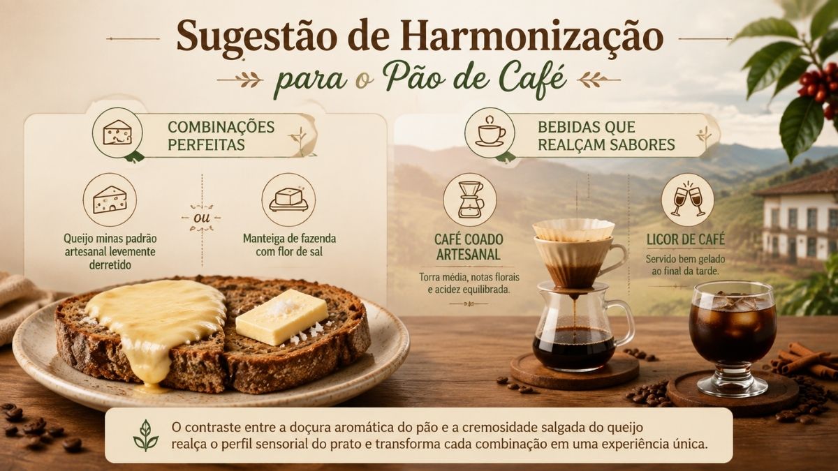 Infográfico com sugestões de harmonização para pão de café apresentando combinações com queijo minas padrão derretido, manteiga de fazenda com flor de sal, café coado artesanal e licor de café gelado em cenário rural.