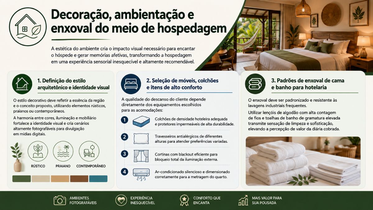 Infográfico explica definição de estilo arquitetônico, seleção de móveis e padrões de enxoval de cama e banho para pousadas.