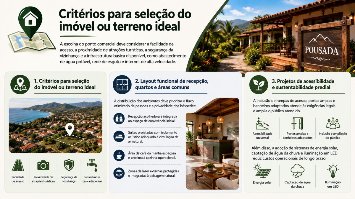 Infográfico explica critérios de seleção do imóvel, layout de áreas comuns e projetos de acessibilidade e sustentabilidade para pousadas.