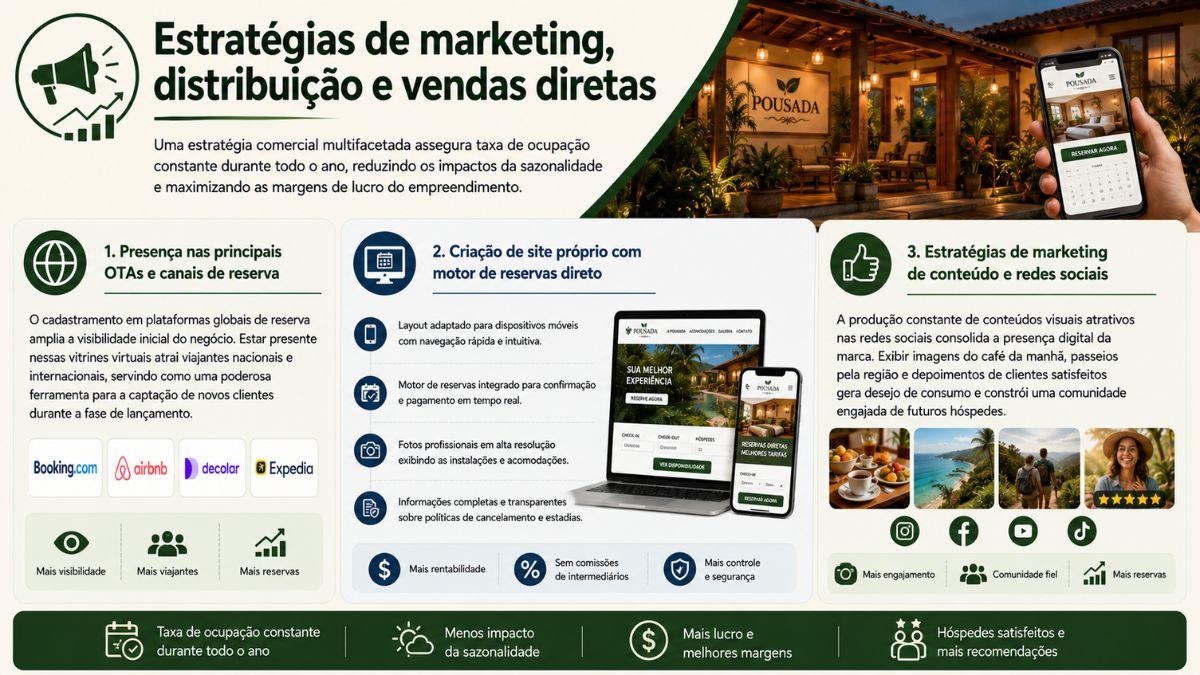 Infográfico detalha presença em OTAs, criação de site próprio com motor de reservas e estratégias de marketing de conteúdo para pousadas.