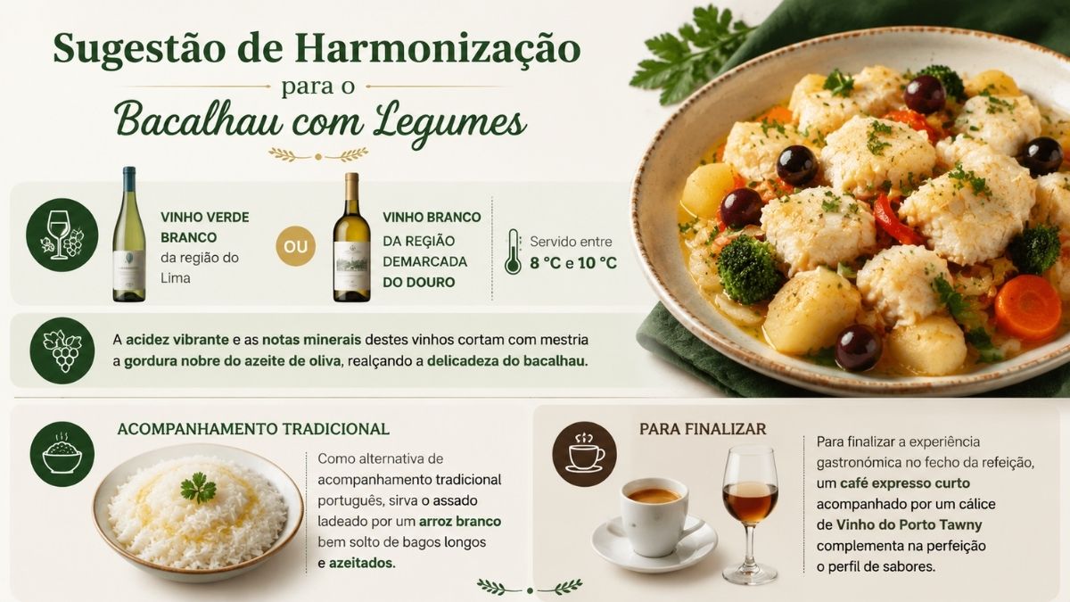 Infográfico com sugestão de harmonização para bacalhau com legumes mostrando vinhos brancos, prato de bacalhau, arroz branco, café e vinho do Porto.