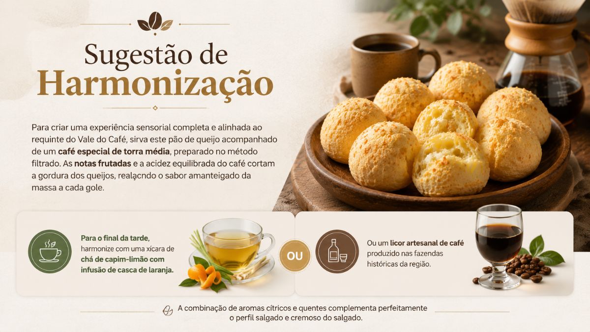 Infográfico explicativo com o título Sugestão de Harmonização ao lado de pães de queijo em prato de madeira com café filtrado. Na parte inferior há opções de acompanhamento com chá de capim-limão e licor artesanal de café.